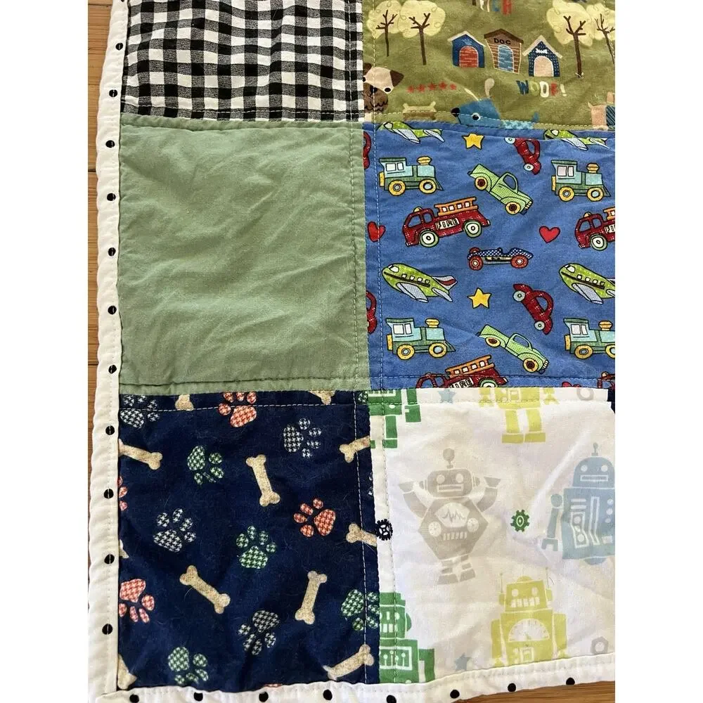 Handmade Unisex Cotton Quilted Blanket Blue Graham Dog Robots Cars Very Soft Kid